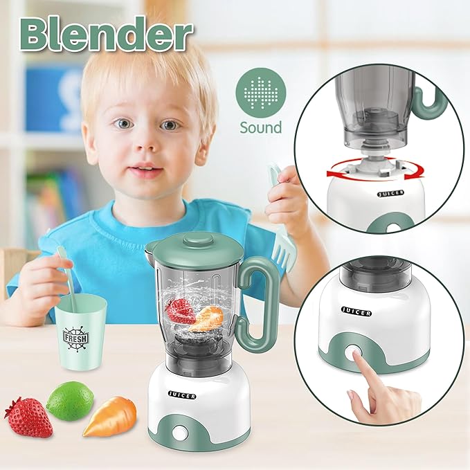 Kids Play Kitchen Accessories, Pretend Play Kitchen Appliance Toy Set with Coffee Maker, Toaster, Blender, Mixer, Kitchen Toys with Light & Sound, Play Kitchen Sets for Kids Ages 3 4 5 6
