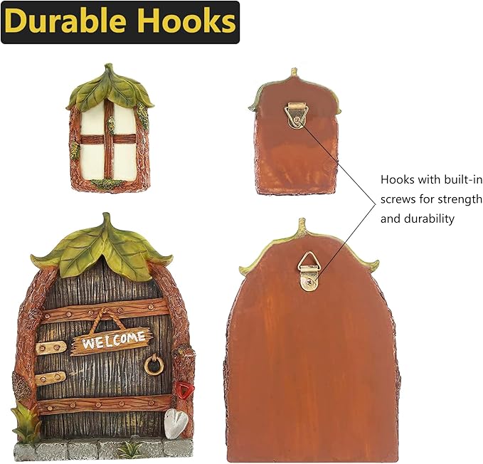 Jauay Miniature Fairy Garden Accessories Fairy Door and Windows for Trees, Glow in The Dark Yard Sculpture Lawn Ornament Mini Garden Art Outdoor Decor Accessories with Lantern