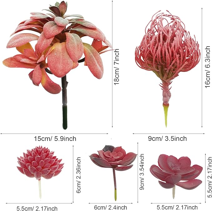 Cayway 15 PCS Artificial Succulent Plants, Red Fake Succulent, Unpotted Faux Succulent Assortment in Flocked Purpl in Different Type for Birthday Home Decor Indoor Wall Garden DIY