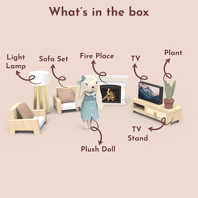 SPEEDY MONKEY Cozy Dollhouse Living Room Playset with Bunny – Miniature FSC Wooden Furniture Sofa, TV – Pretend Play Fully Furnished Farmhouse Accessories for Kid, Toddler, Girl – Doll House Decor Toy