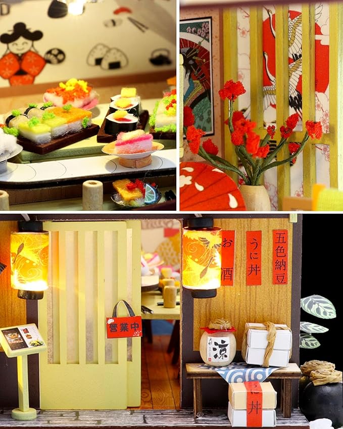 OurMiao Miniature House Kit – Gibbon Sushi, DIY Wooden Dollhouse for Adults with LED & Furniture, Tiny House Craft Gift for Teens Families Friends