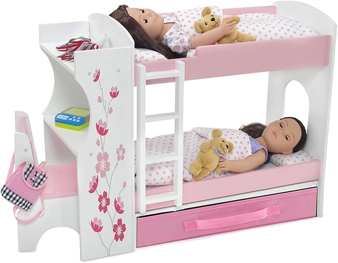Emily Rose 18 Inch Doll Bunk Bed Set with Desk and Storage - Wooden Dollhouse Furniture with Bedding & Ladder - Compatible with American Girl, Our Generation, My Life As & Adora