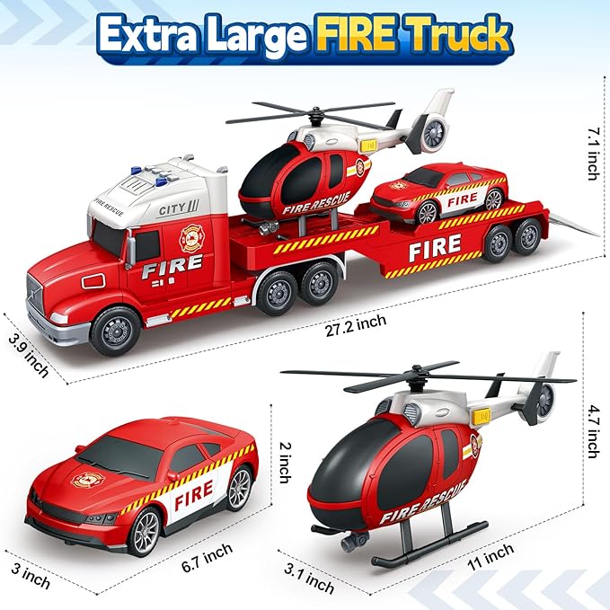 Kids Toys for 3 4 5 6 7 8 Years Old Boys, 27" Fire Truck Toy with Racing Car and Helicopter, Toddler Friction Powered Truck Vehicle Toy with Lights, Sounds for Boys Girls Christmas Birthday Gifts