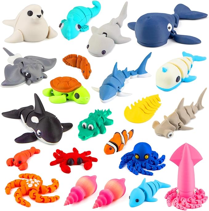 22PCS 3D Printed Sea Animals Toys, 3D Printed Mini Ocean Animals Articulating Flexible Fidget Toys, Cute Animal Figurines Toys Birthday Office Desktop Home Decoration