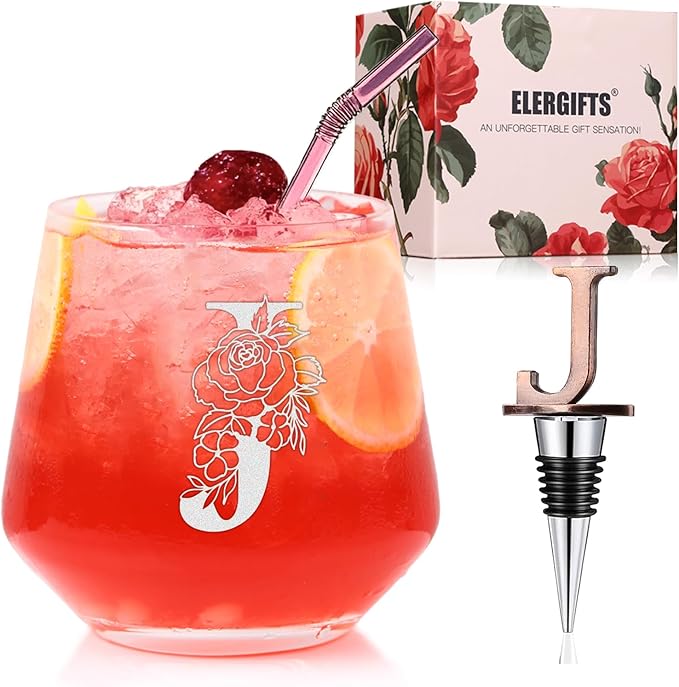 Personalized Gifts for Women, Monogrammed A-Z Wine Glass Customized Gift, Unique Christmas Birthday Gifts for Women Her Mom Friend Sister Wife Daughter Nurse - Dishwasher Safe (J)