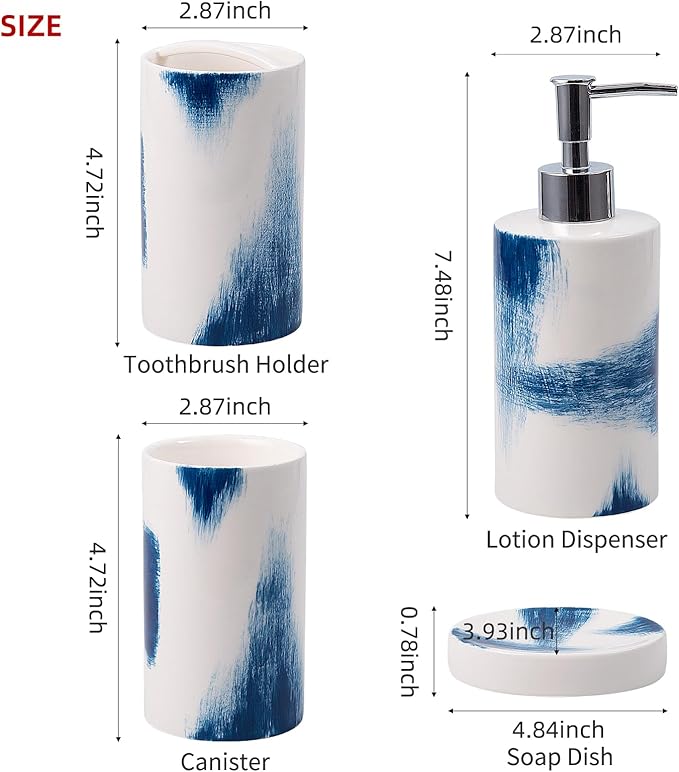4 Piece Painted Ceramic Bathroom Accessory Set, Includes Soap Dispenser Pump, Toothbrush Holder, Tumbler, Soap Dish Sanitary, Ideas Home Gift for Ware Home Decor Bath(Blue & White)