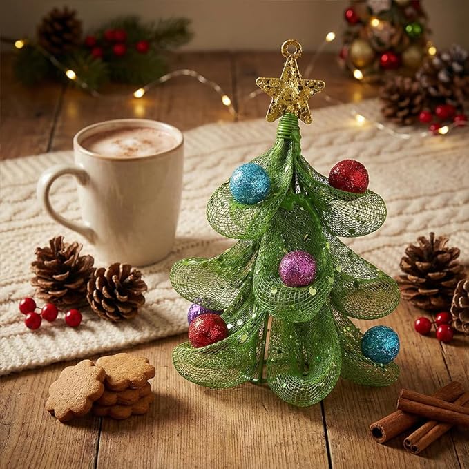 XMIAOX Mini Metal Christmas Tree, 5.9" Handcrafted Wire Mesh Tree Tabletop Hanging Ornament with Star Tree Topper & Colorful Glitter Balls, Sparkling Holiday Decoration for Desk, Shelf & Home Décor