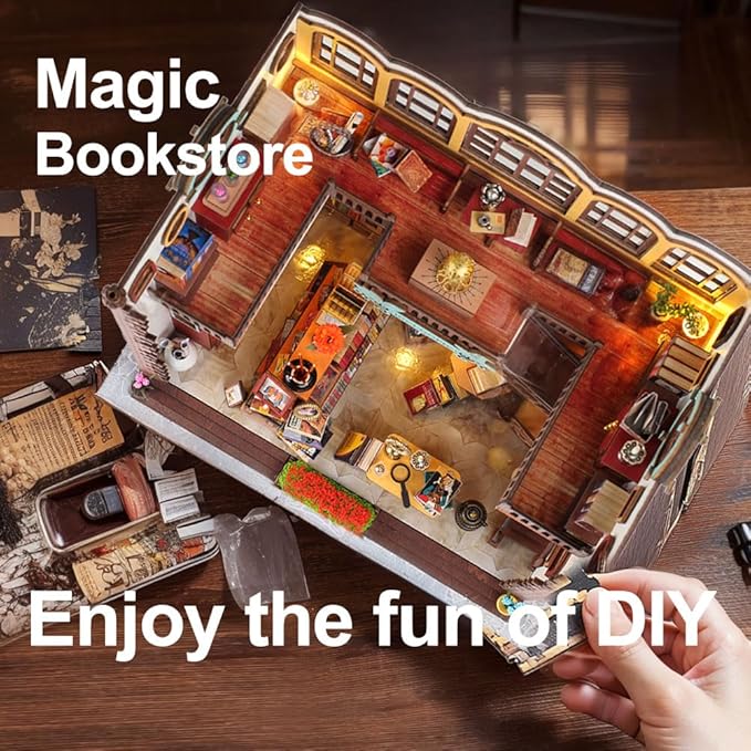 3D Wooden Magic Library Decorative Bookends - DIY Miniature House Tiny House 3D Wooden Puzzle Dollhouse Kit for Adults and Teens, Bookshelf Insert Decor, Model Build, Craft Gift for Family Friends