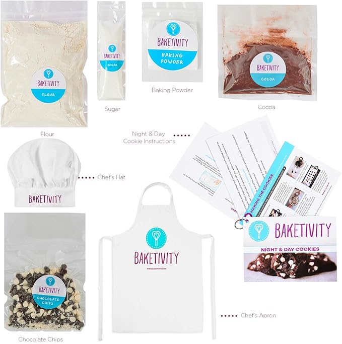 Baketivity Kids Baking DIY Activity Kit - Bake Delicious Chocolate Chunk Cookies with Pre-Measured Ingredients – Best Gift Idea for Boys and Girls Ages 6-12 – Includes Free Hat and Apron