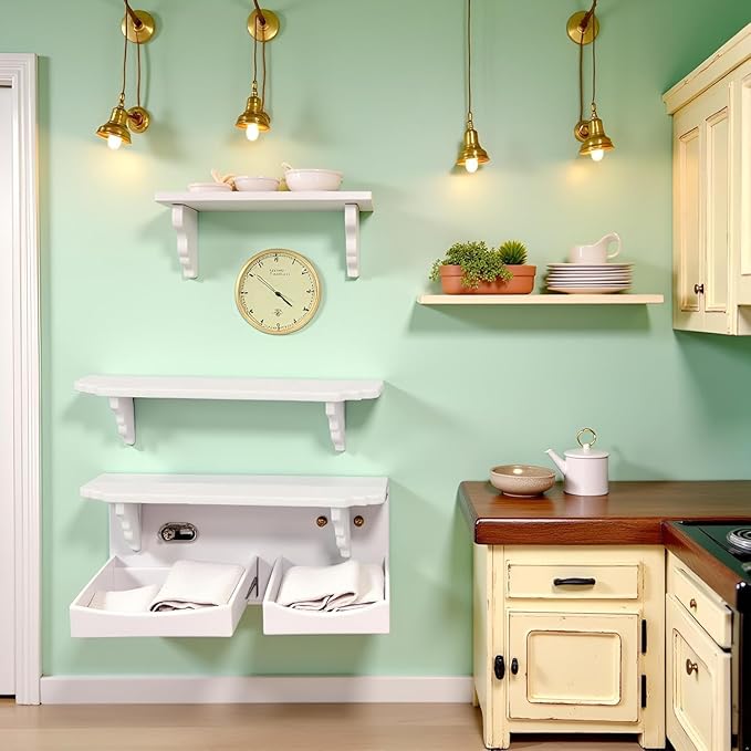 2Pcs White Dollhouse Wall Shelf,1:12 Scale Miniature Dollhouse Decor Accessories, Doll House Storage Wall Shelf for Kitchen Scene DIY Craft Ornament Lightweight Decorative, Decorations
