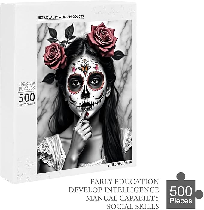 Jigsaw Puzzles for Adults 500 Piece - Gorgeous Sugar Skull Lady Day of The Dead Wooden Puzzle, Puzzle Games,Stress Relief Games,Funny Puzzles，Unique Gifts for Wall Art，Family Puzzles