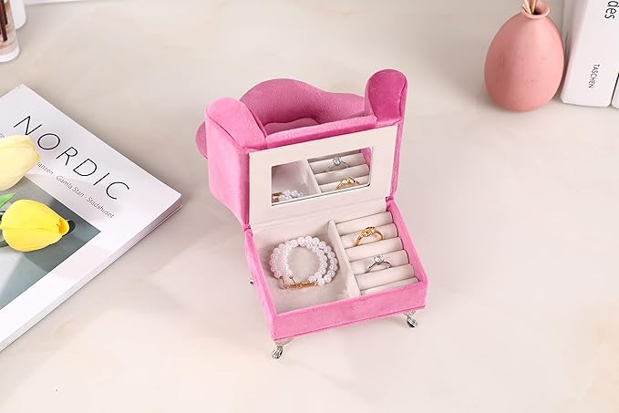 CONCISE 1/6 & 1/12 Scale Miniature Velvet Sofa w/Hidden Jewelry Box for Women 14+ Collectors Ring Earring Necklace Bracelet Trinket Storage - Pink Decor for Display & Dressing Tables
