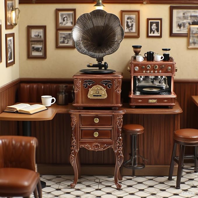 LOGOFUN Miniature Retro Phonograph Set Mini Retro Gramophone with Sound for Dollhouse Home Desktop Collectible Cabinet Decor - 1.7 * 1.3 & 2.3 * 1.1in
