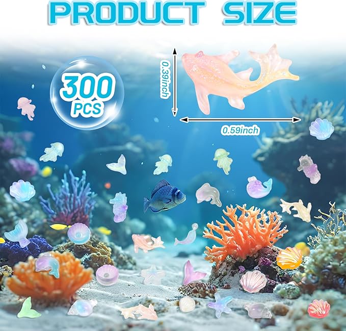 300pcs Luminous Mini Ocean Resin Animals Tiny Resin Sea Animal Figurines To Hide Variety Marine Plastic Animals Aquarium Ornaments for Dollhouse Miniatures DIY Fish Tank Fairy Garden Micro Landscaping