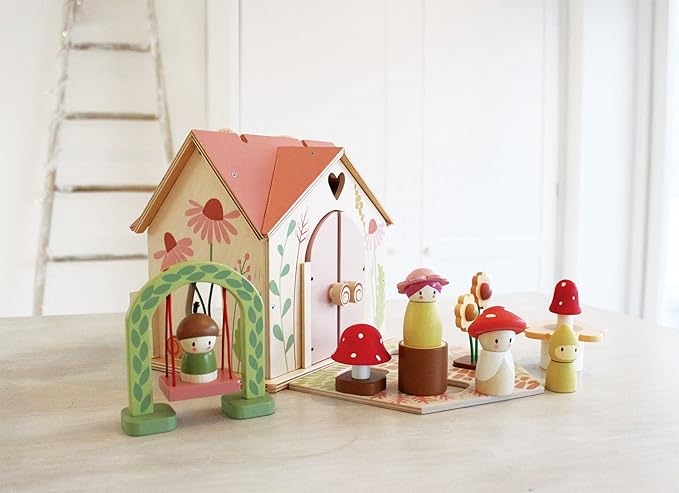 Tender Leaf Toys - Rosewood Cottage - Portable Furnished Wooden 2-Story Dollhouse Set with Handle, 4 Pcs Miniature Toadstool Family with 10 Accessories - Pretend Play Gift for Kids - Age 3+