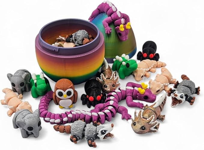 5 Pack Mystery Mini Animal Packs - 3D Printed Articulating Figurines - Unique and Fun Designs Includes Mystery Egg - Stress Relief (5 Pack)