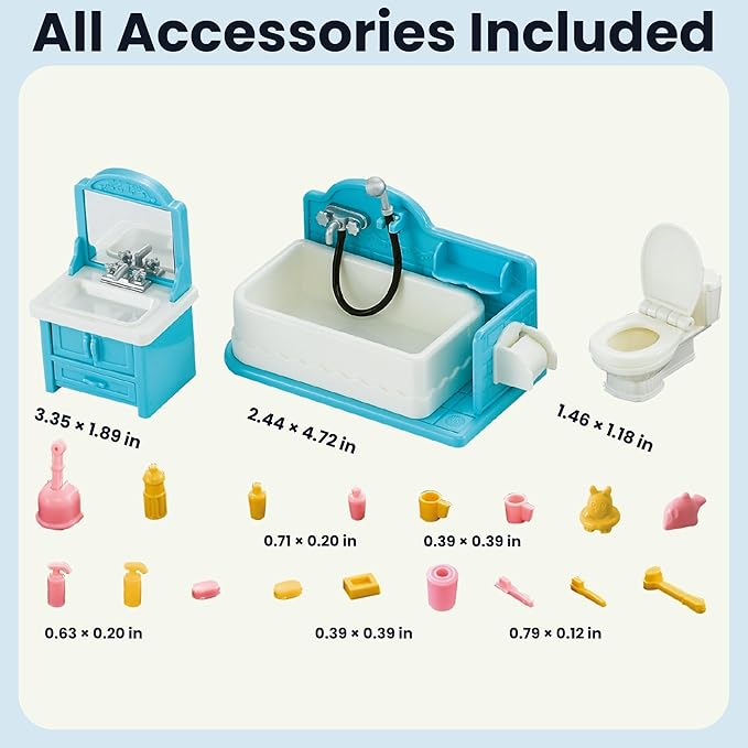Family Dollhouse Bathroom Set — Bathtub with Hand Shower, Sink with Mirror & Toilet, Soap, Toothbrush & Toilet Paper Roll — Dollhouse Furniture & Accessories for Ages 3+
