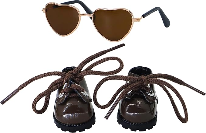 Suitable for 17cm Doll Clothing Accessories Set, Cute PU Leather Lace-up Mini Oxford Shoes and Glasses Two-Piece Set (Brown)