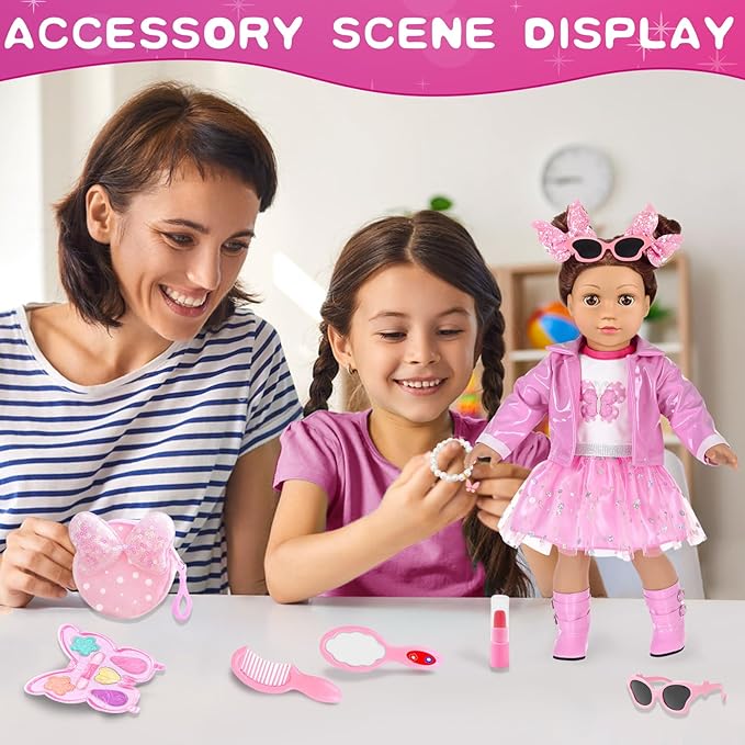 American 18 Inch Dolls Clothes Pretend Makeup Accessories Gift Playset for Girls,Cosmetic Bag Toys Fits for 18" Dolls Include Skirt Outfit Shoes Sunglasses Makeup Stuffs Doll NOT Include