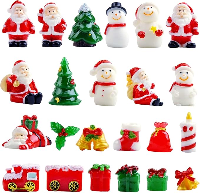 23 Pcs Mini Christmas Figurines Set – Resin Christmas Village Accessories, Santa, Snowman, Gifts, Tree Miniatures for Holiday Tabletop & Craft Decor