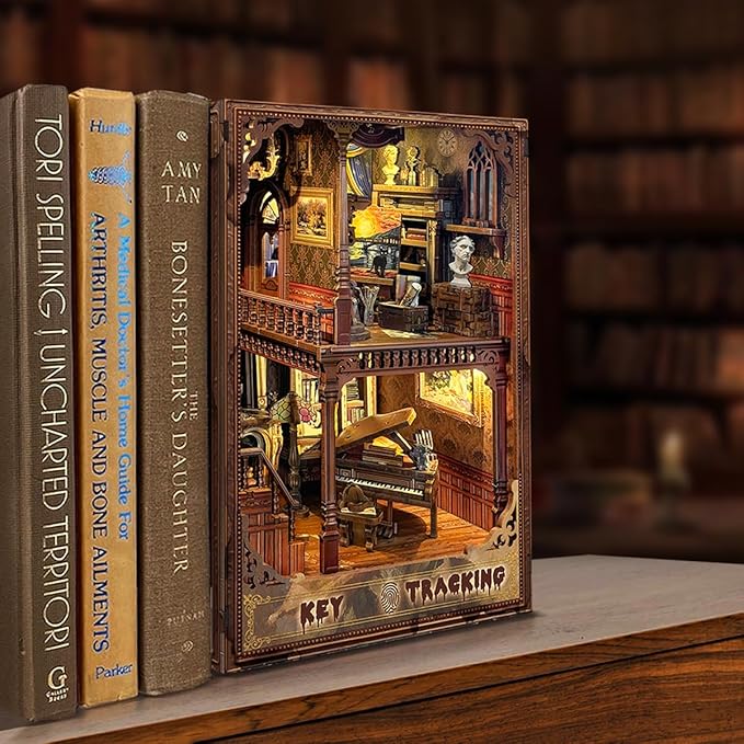 Book Nook Kit-DIY Dollhouse Kit Wooden Miniature Studio with Dust Cover Bookshelf Decor 3D Puzzle Book Nooks for Adults to Build Gift-Key Tracking (SQ-31)