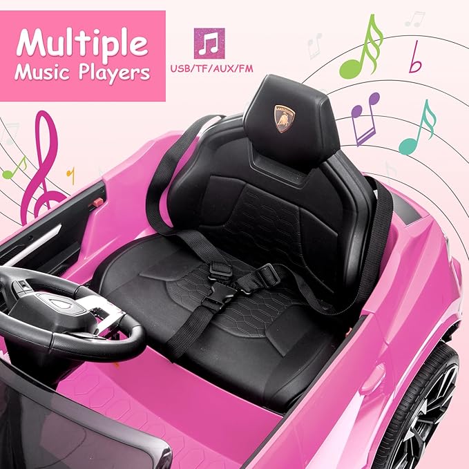 Electric Car for Kids 12V Licensed Lamborghini Ride On Car with Remote Control,Max Speed 2.5Mph,LED Lights,Music Players,Lockable Doors,Spring Suspension,Toddler Cars to Drive,Pink