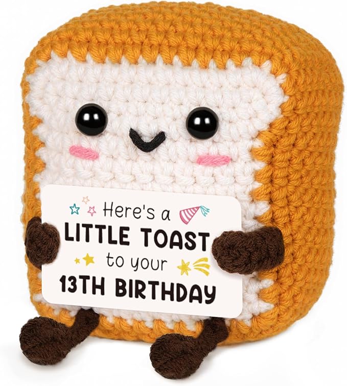 Glydein 13th Birthday Gifts for Girls Boys, Cute Handmade Crochet Toast Decorations with 13th Bday Card, Unique Birthday Gifts for Teens 13, Gift for Son Daughter Grandchildren from Aunt Uncle