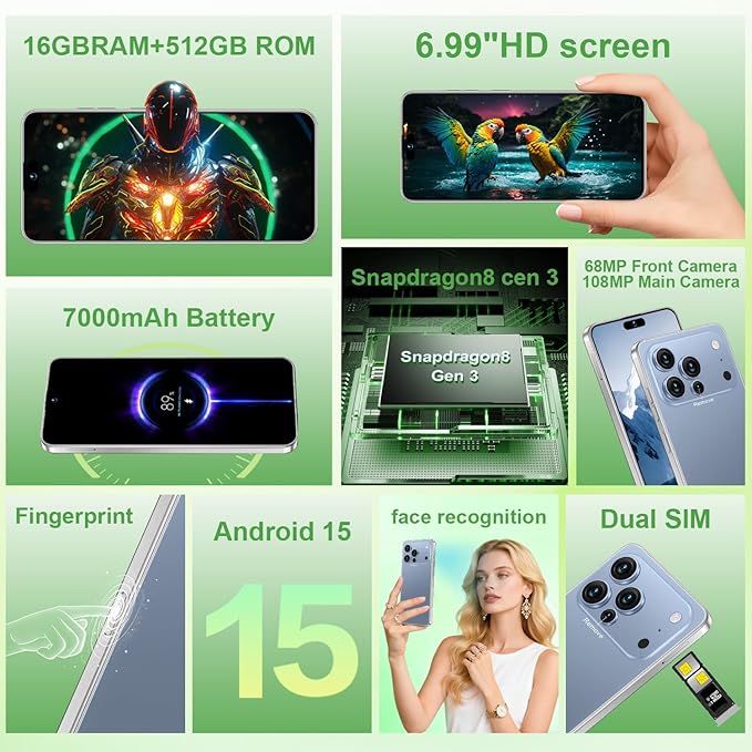 Huness I17PROMAX Smartphone Unlocked Cell Phone,6.99" HD Screen Unlocked Phone,16+512GB Android 15 Battery 7000mAh,Face ID/Dual SIM/5G/Fingerprint Button Unlock/Photos/GPS (Blue, 16+512G)