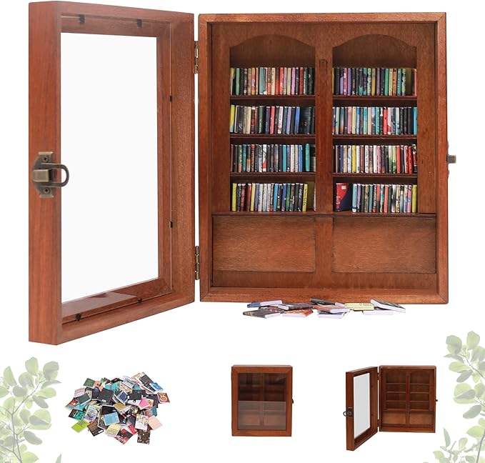 Anxiety Bookshelf with 200pcs Mini Books,Get rid of Your Anxiety Miniature Book Display Cabinet, Stress-Relief Bookshelf for Home Office Decor (Brown)