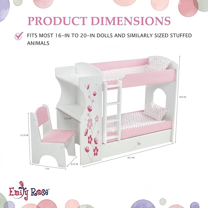Emily Rose 18 Inch Doll Bunk Bed Set with Desk and Storage - Wooden Dollhouse Furniture with Bedding & Ladder - Compatible with American Girl, Our Generation, My Life As & Adora