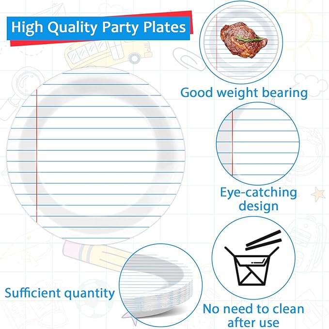96Pcs Back to School Party Decorations Paper Handwriting Notebook Tableware First Day of School Plates Napkins Graduate Party Supplies for Kindergarten Teacher School Season Supply Serves 24 Guests