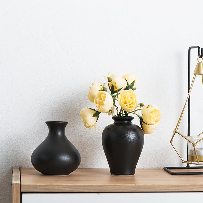 Small Ceramic Vase Set of 5, Black Bud Vase with Boho Decorative Design for Fireplace, Entryway & Living Room Centerpiece