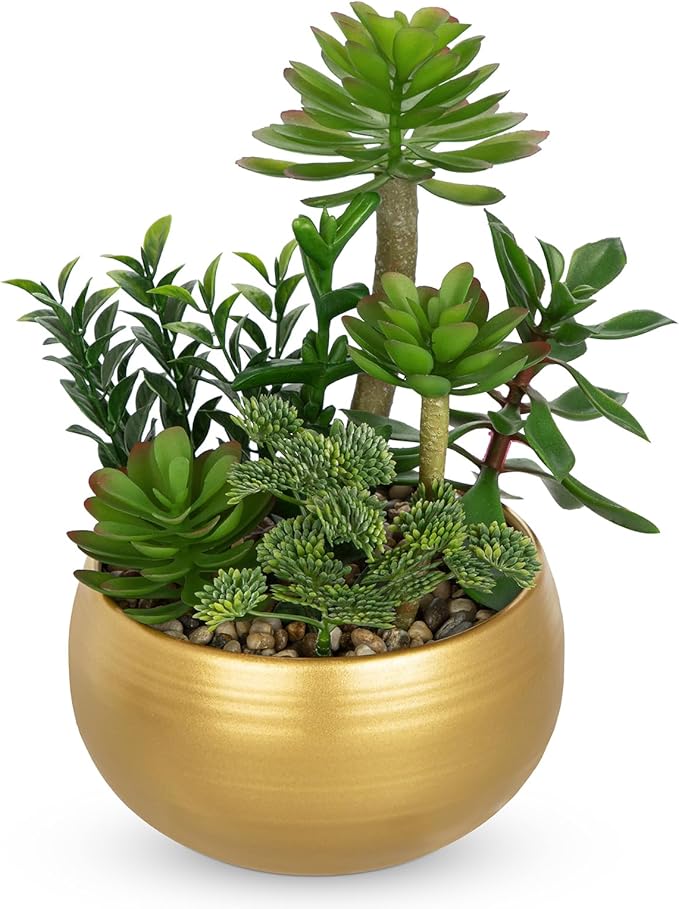 DILATATA Artificial Succulent Plants in Gold Pot Faux Succulent Arrangement Fake Potted Plants with Pebbles for Home Office Desk Shelf Table Decor