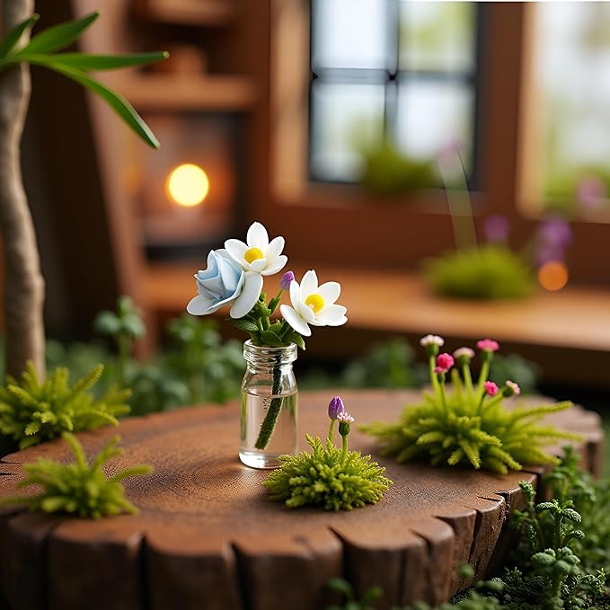 Mini Dollhouse Miniature Vase Micro Landscape Colorful Flower Glass Bottle Miniature Decoration for 1:12 Scale Dollhouse Scene Props Décor Accessoriesecor (White and Blue)