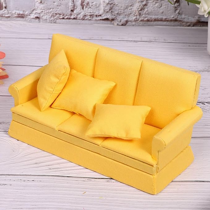 Dollhouse Furniture 1 12 Scale Couch Doll House Mini Sofa with 3Pcs Pillow Living Room Furniture Wooden Doll House Decoration Accessories Dolls House Living Room (Yellow)