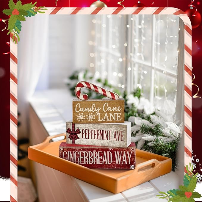 Moucuny 4 Pcs Christmas Table Decor Wooden Candy Cane Decoration Christmas Centerpiece Winter Tiered Tray Decor Red and White Stripes Candy Cane Block Signs Gift Farmhouse Xmas Decoration for Kitchen