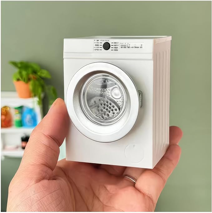 Mini Washing Machine Model - Real Rotating Drum Design, 1:12 Dollhouse Miniature Washing Machine Furniture Appliance Model Dollhouse Decoration Accessories (White)
