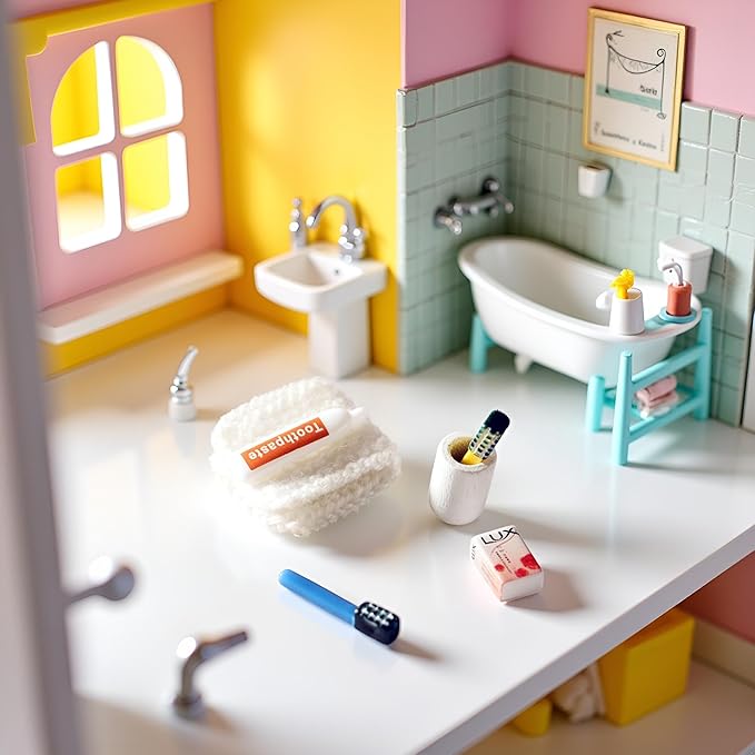 6Pcs/Set Dollhouse Miniature, Washing Supplies Miniature Creative Simulation, Plastic Dollhouse Toothpaste Toothbrush Model for Entertainment Dollhouse Accessories