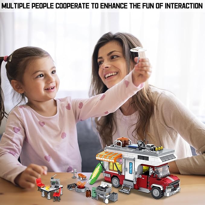Camping Van Construction Toy 924 Pieces Building Block Set with Picnic Table Grill & Fire Scene Gift for Kids Teens & Vehicle Fans