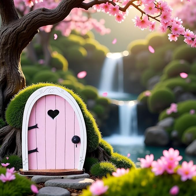 2Pcs Pink Streak Mini Fairy Garden Door for Tree, 3D Miniature Fairy Door for Fairytale Tiny House Doors, Bonsai Terrarium Micro Landscape Decoration Accessories Garden Miniatures, Decorations
