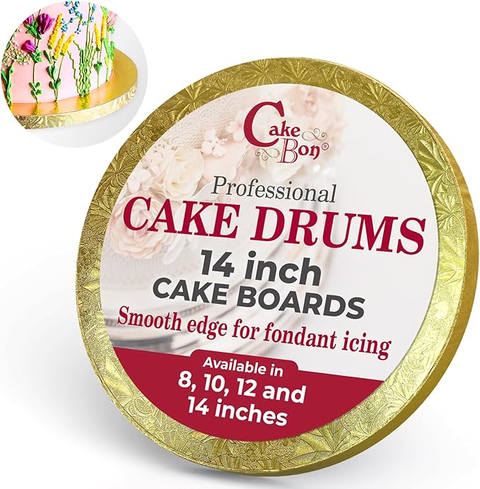 Cakebon Round Cake Boards - Sturdy 1/2 Inch Thick Drums - 14 Inch Professional Smooth Straight Edges Gold 3-Pack