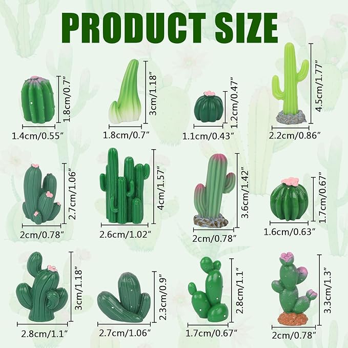 BENOSPACE 48Pcs Mini Cactus Figurines Miniature Artificial Green Cacti Statue Resin Succulent Plant for DIY Fairy Garden Plant Pot Bonsai Craft Accessories Cake Topper Micro Landscape Decors