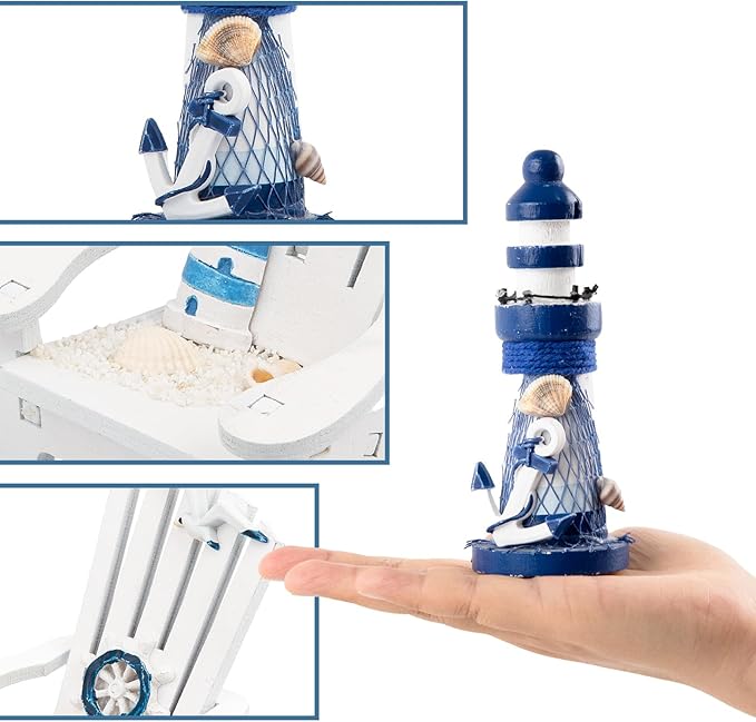 JQAQJU 4" Wooden Beach Chair Lighthouse Sailboat, 4pcs Mini Nautical Home Decoration & Beach Ocean Ornament for Summer Bathroom Bedroom Kitchen