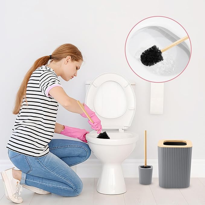 XLHOMO Grey Bathroom Accessories Set, 9 Piece Gray Bathroom Set, Bathroom Accessory Sets Compelete with Trash Can, Toothbrush Holder, Cup, Lotion Dispenser, Tray, Soap Dish, Toilet Brush, Qtip Holders