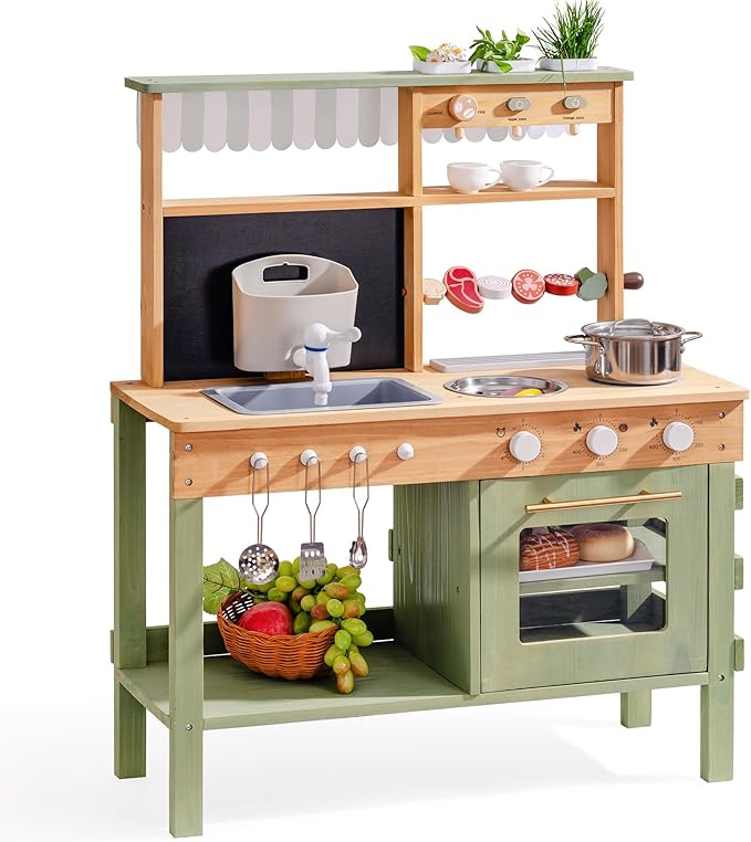ROBOTIME Mud Kitchen for Kids, Outdoor Wooden Playset with Mud Kitchen, Sink, BBQ Grill, Coffee Maker, Planting Area & Oven, Pretend Play Kitchen for Outdoor Fun Ages 3+
