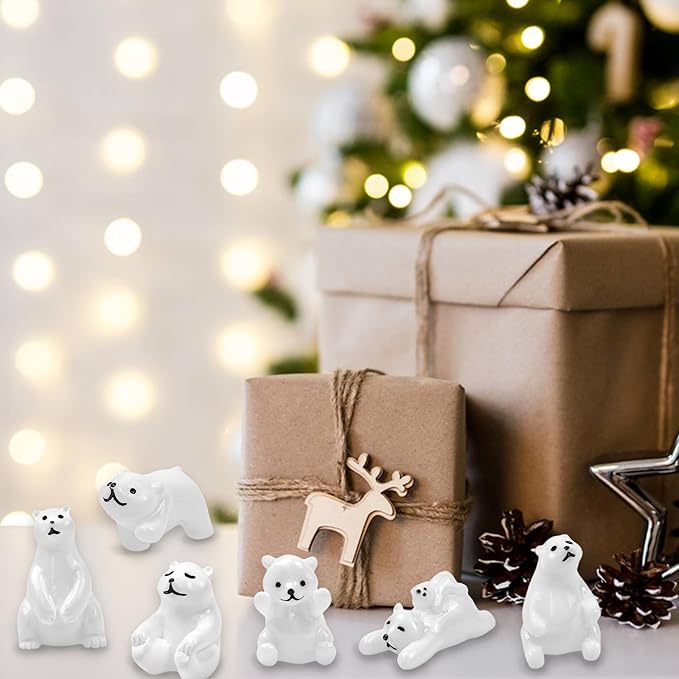 40 Pcs Mini Resin Polar Bear Figurines with Snowflakes Tiny Little Winter Resin Animal Miniature Figures for Holiday Crafts Garden Micro Landscape Home Table Decor