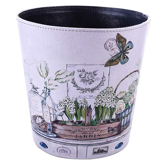 Scakbyer Wastebasket, British Style PU Leather Round Decorative Trash Bin Garbage Can Wastebasket Without Lid for Living Room Home Office - Plants and Butterfly