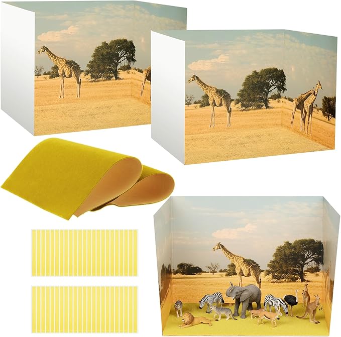 AmazingSpark 2 Set Grassland Style Diorama Box and Fake Grass Decor, Safari Animal Diorama Project Supplies Set, Cardboard Display Case Kit & Artificial Grass with Double Sided Tapes for DIY Crafts