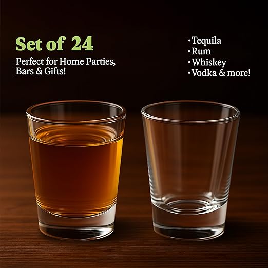 QUAFFER Mini Shot Glass (Set of 24) – Elegant Classic Shot Glasses 1 oz – Classic Whisky Vodka Tequila Sherry Brandy Cordial Mini Snifters Glasses - Perfect for Parties, Bars, Events, Home Bar