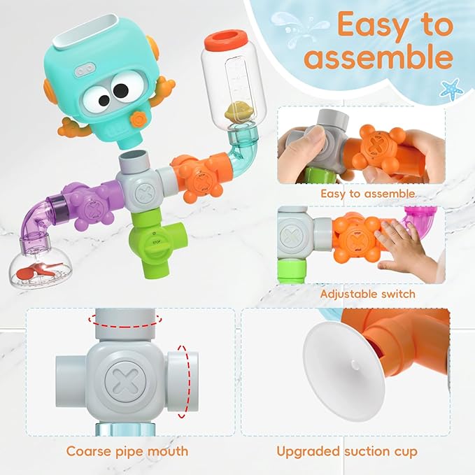STEM Building Bath Toys for Kids Ages 4-8 | 21PCS DIY Water Pipe Assembly Kit with Storage Bag | Educational Shower Toys for Kids Ages 3-5 | Creative Tub Time Birthday Gifts for Boys & Girls